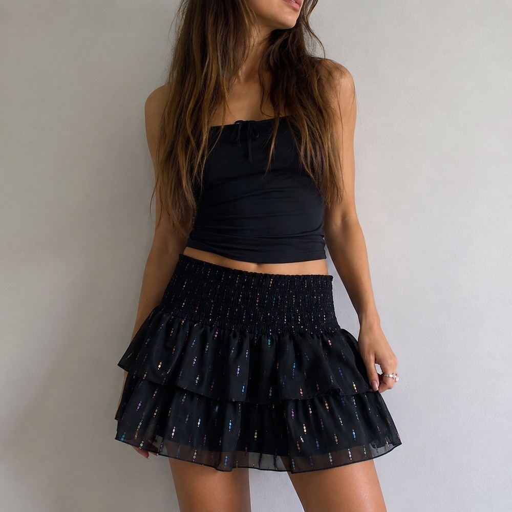 Amanda Uprichard‎ Aurelie Smocked Tiered Mini Skirt Small Black Multicolor